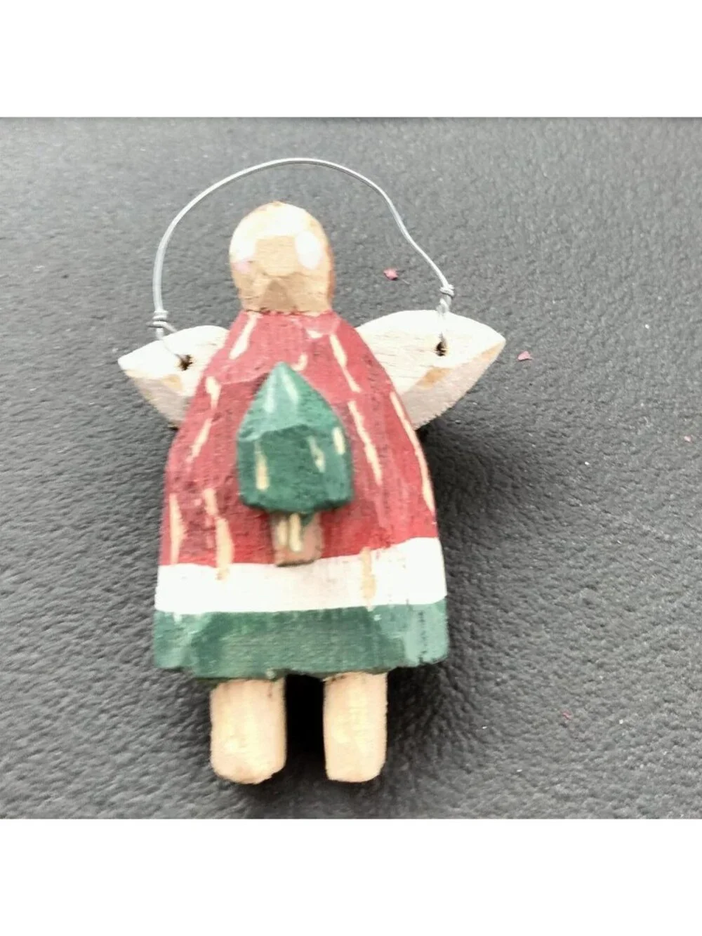 Christmas Angel Pin Brooch Handcrafted Primitive Rustic Wood Vintage Signed IS